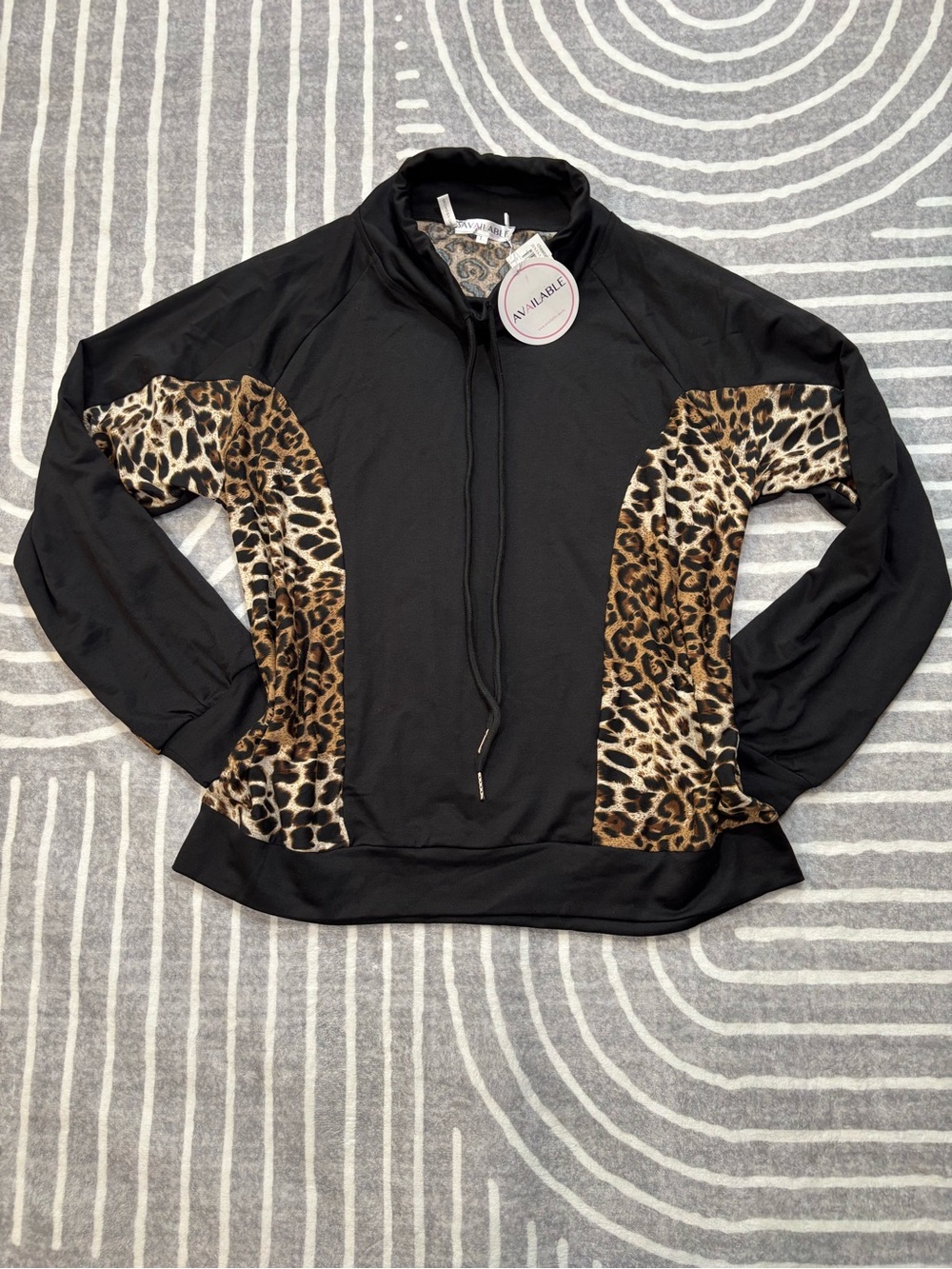 Available Black Pullover Summer Sweatshirt Leopard Print Panels, Large - Picture 5 of 6